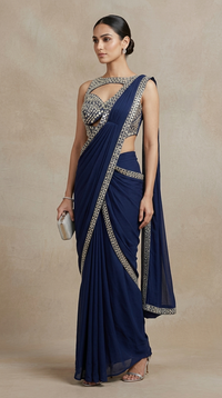 Royal blue pre-draped saree with mirror work embroidery and embellished details