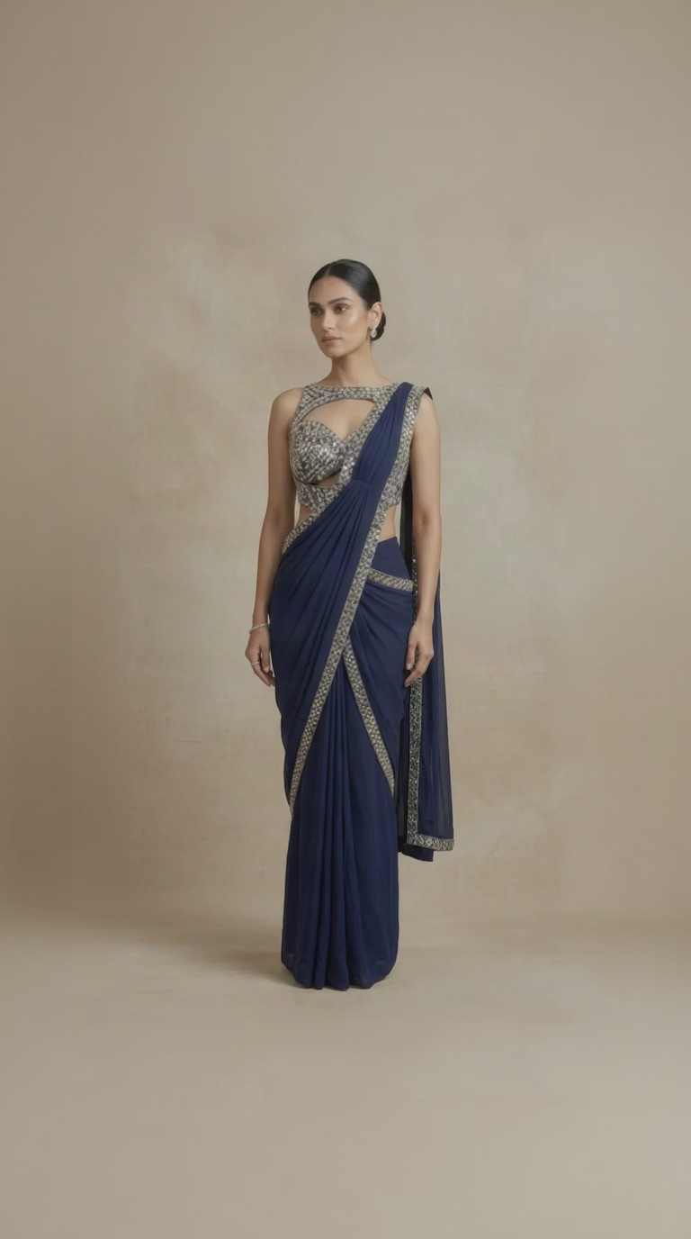 Royal blue mirror embellished pre-draped saree for wedding and reception