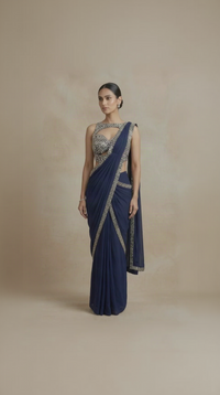 Royal blue mirror embellished pre-draped saree for wedding and reception