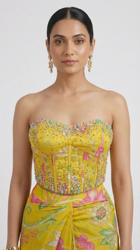 Designer yellow ready to wear saree with embroidered corset blouse for party wear