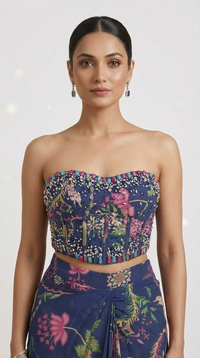Blue pre-draped saree with floral print corset blouse for reception and festive wear