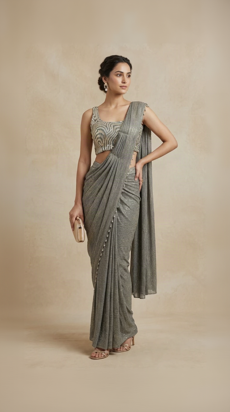 Grey imported crushed lycra cutdana embroidered pre-draped saree for wedding