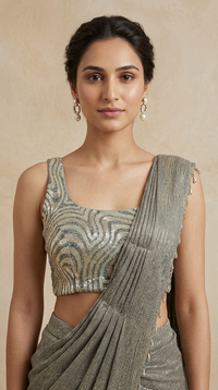 Grey crushed lycra pre-draped saree for sangeet and festive occasions