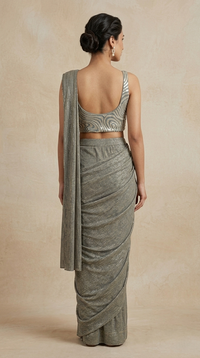 Grey embroidered pre-draped saree for party wear, wedding and reception
