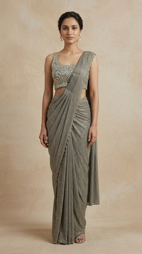 Grey cutdana embroidered pre-draped saree for reception and cocktail party