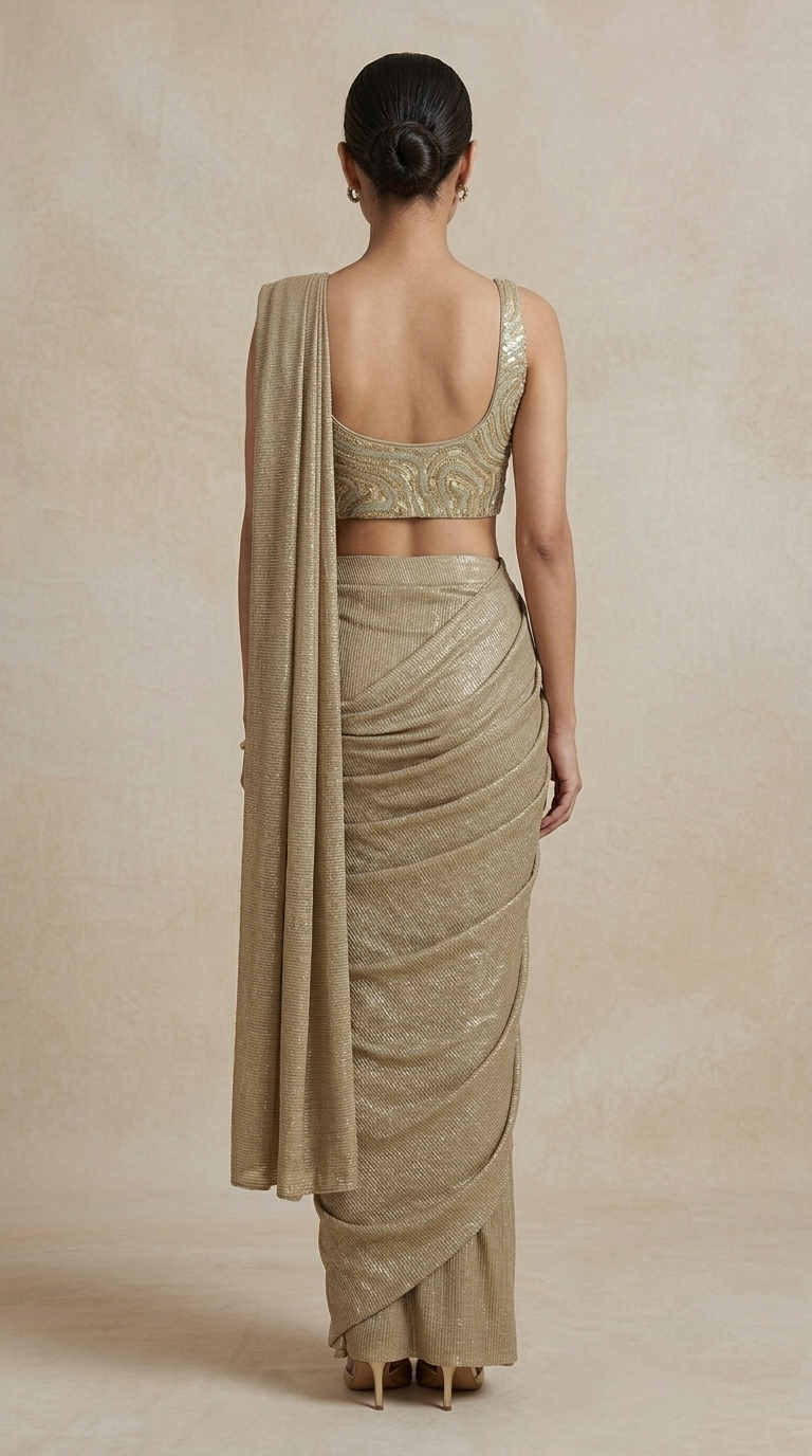 Beige crushed lycra embellished saree for wedding, reception and evening parties