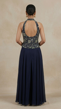 Blue designer halter neck palazzo suit with embellished embroidery for festive parties and wedding celebrations