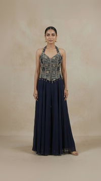 Blue georgette halter neck palazzo suit with thread embroidery for wedding and sangeet