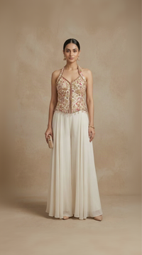 Cream georgette thread embroidered sharara suit for wedding and sangeet occasion