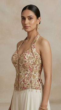 Cream georgette embroidered blouse and flared sharara set for wedding celebrations