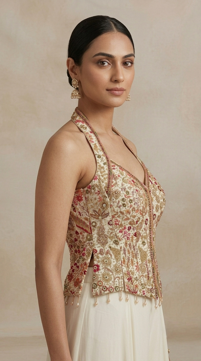 Cream festive sharara suit with intricate thread and mirror embroidery for receptions