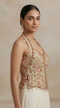 Cream festive sharara suit with intricate thread and mirror embroidery for receptions