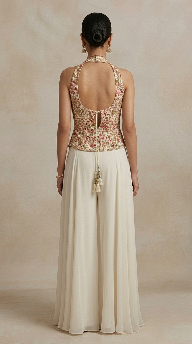 Cream designer sharara suit with embroidered blouse, sharara and choker dupatta for parties