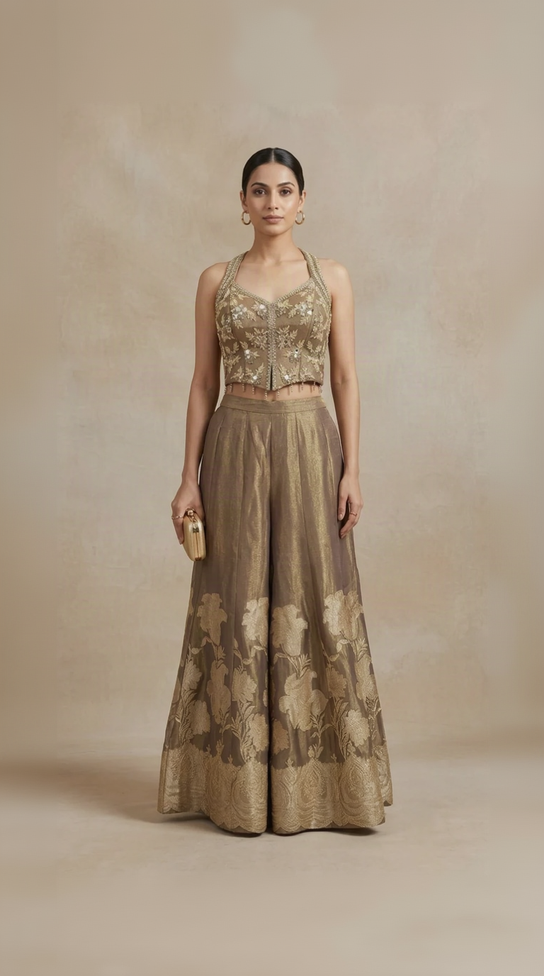 Brown tissue silk mirror embroidered halter neck palazzo set for women
