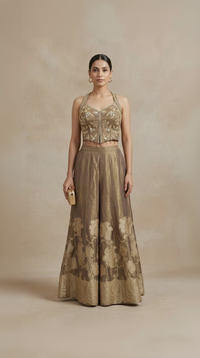 Brown tissue silk mirror embroidered halter neck palazzo set for women