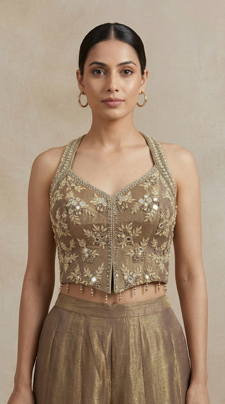 Brown mirror embroidered tissue silk ethnic palazzo set for wedding wear