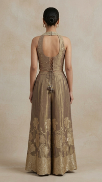 Brown tissue silk halter neck palazzo outfit with intricate mirror embroidery
