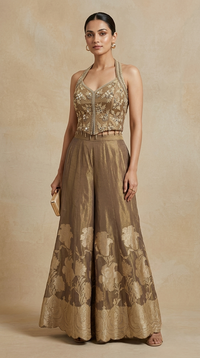Brown halter neck palazzo set in tissue silk with mirror embroidery