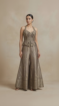 Grey embroidered tissue silk sharara set for wedding and festive occasions