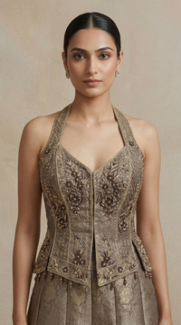 Grey embroidered sharara outfit with choker dupatta for wedding celebrations