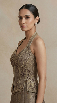 Grey mirror embroidered tissue silk sharara set for reception and party wear