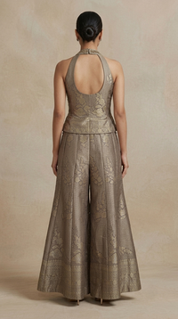 Grey tissue silk top and sharara set with cutdana work for festive occasions