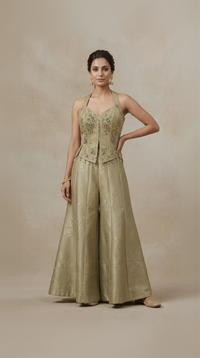 Green embroidered tissue silk sharara set for wedding and festive occasions