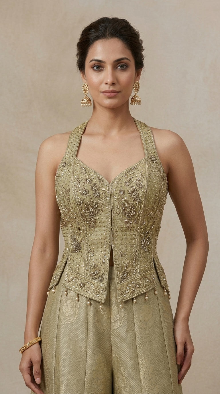 Green embroidered sharara set with choker dupatta for wedding celebrations
