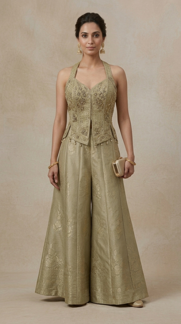 Green tissue silk sharara set with mirror and sequin embroidery for sangeet