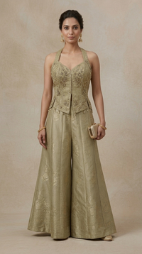 Green tissue silk sharara set with mirror and sequin embroidery for sangeet