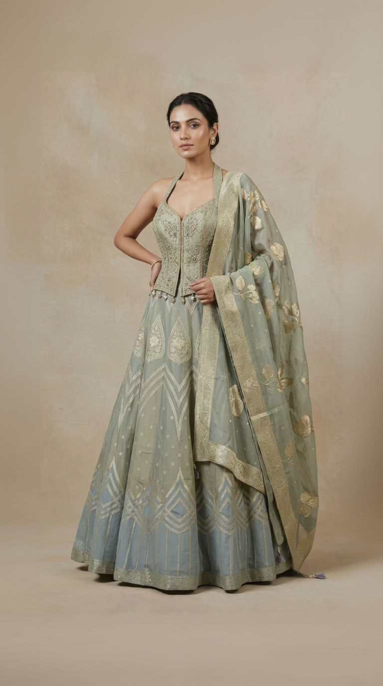 Greyish blue mirror embroidered lehenga choli set with dupatta for wedding and sangeet