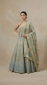 Greyish blue mirror embroidered lehenga choli set with dupatta for wedding and sangeet