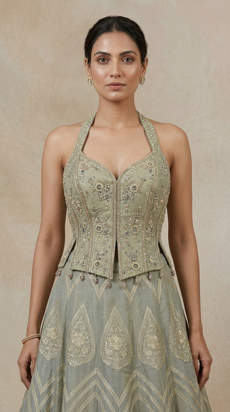 Greyish blue embroidered lehenga with mirror, cutdana and sequin work for festive occasions