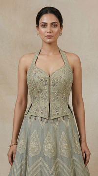 Greyish blue embroidered lehenga with mirror, cutdana and sequin work for festive occasions