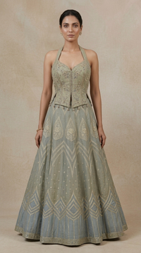 Grey mirror work lehenga choli set in tissue silk for engagement and reception