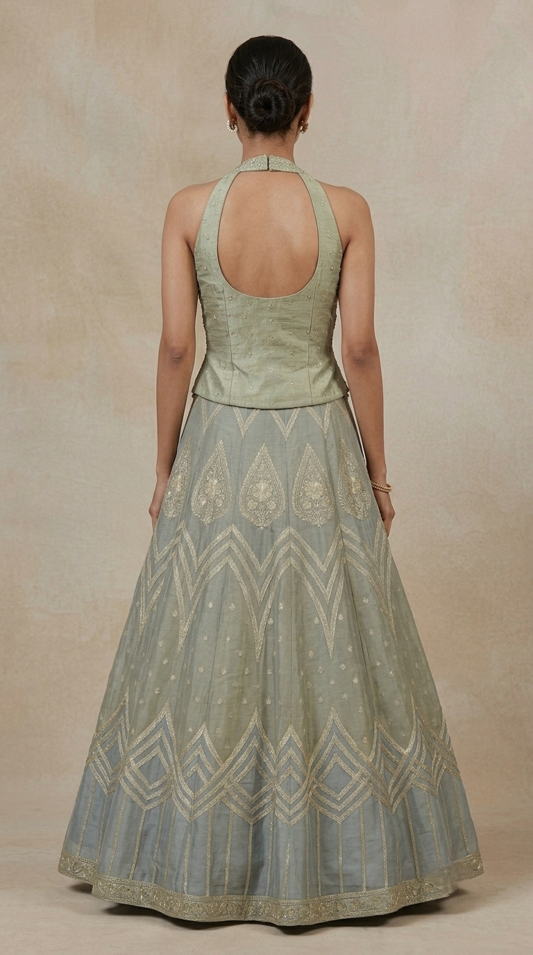 Mirror embroidered grey lehenga choli with dupatta for wedding guest and sangeet wear