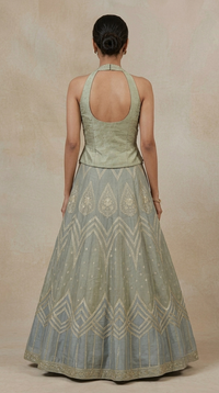 Mirror embroidered grey lehenga choli with dupatta for wedding guest and sangeet wear