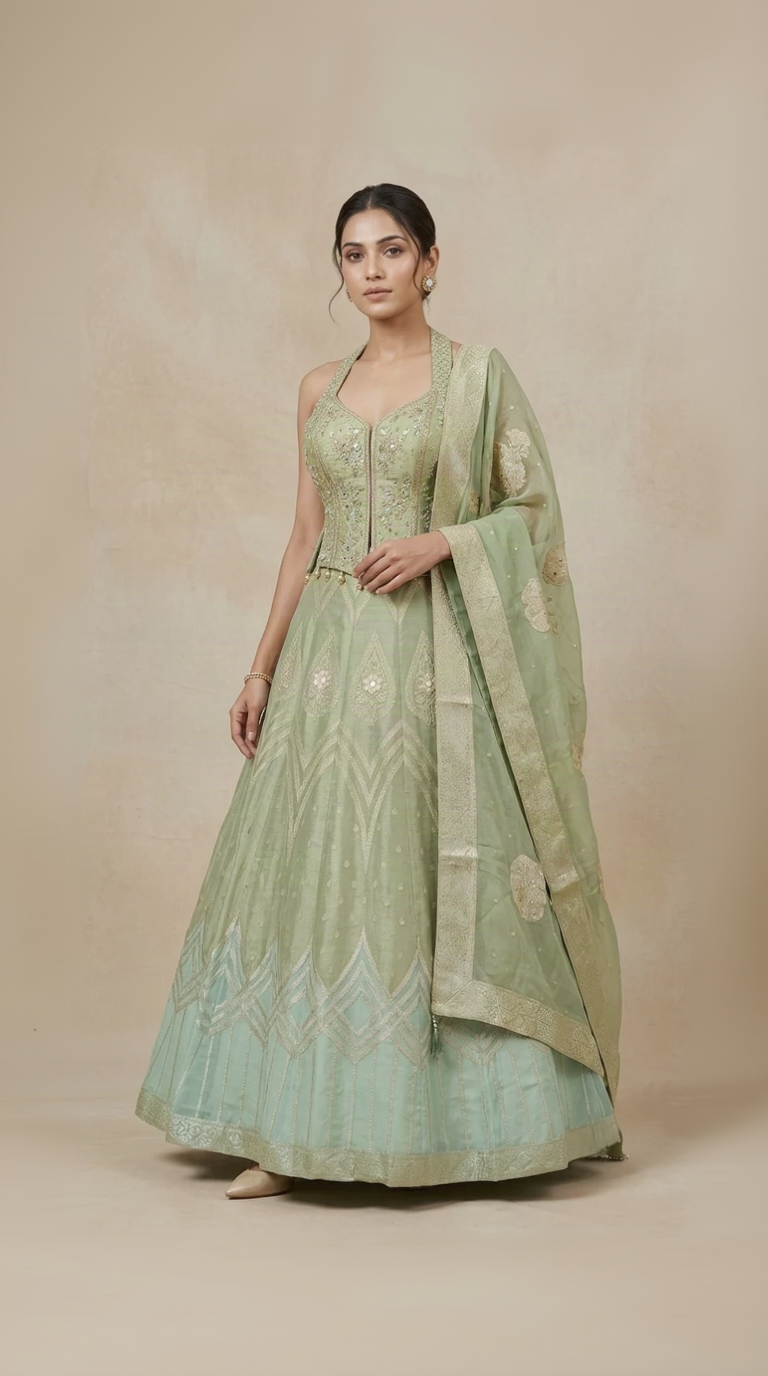 Green mirror embroidered lehenga choli set for wedding and sangeet occasions