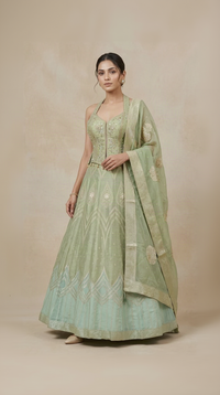 Green mirror embroidered lehenga choli set for wedding and sangeet occasions