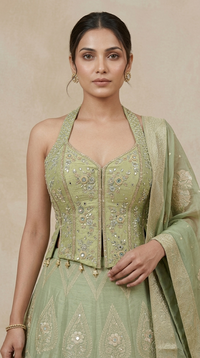 Green embroidered lehenga choli set with dupatta for wedding and reception wear