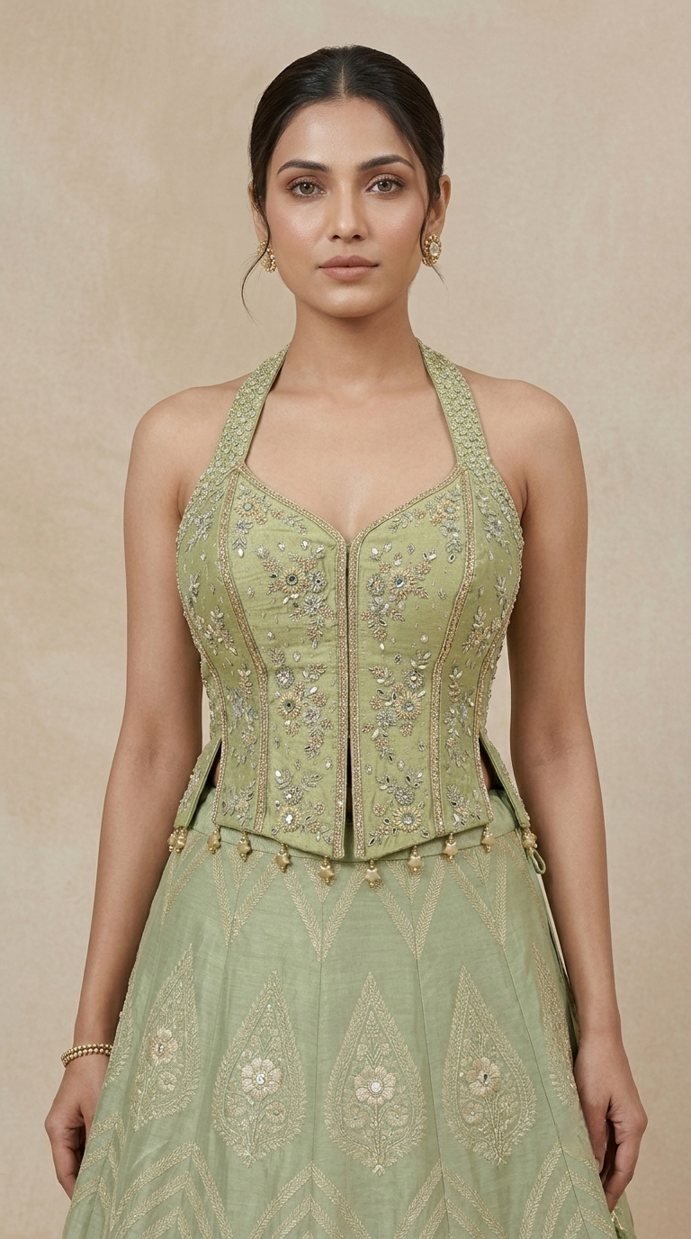 Green mirror work lehenga choli set for sangeet, engagement and party wear