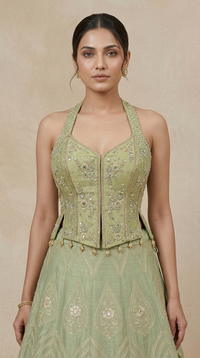 Green mirror work lehenga choli set for sangeet, engagement and party wear