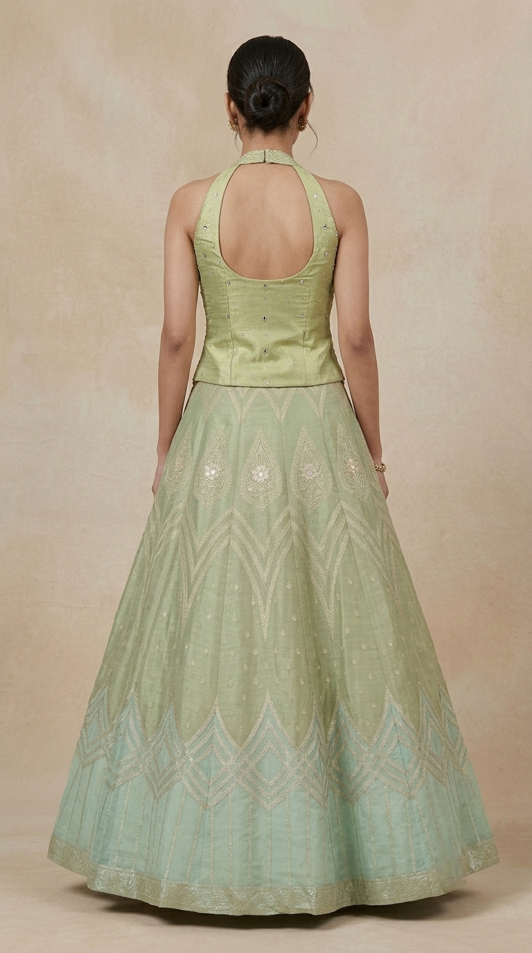Green tissue silk mirror embroidered lehenga with dupatta for festive and wedding occasions