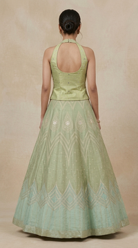 Green tissue silk mirror embroidered lehenga with dupatta for festive and wedding occasions
