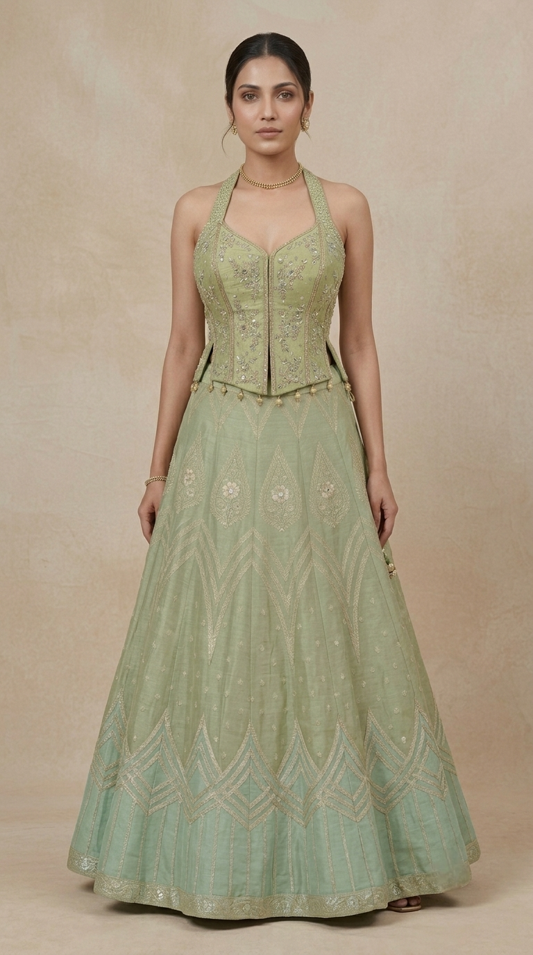 Green tissue silk lehenga choli with mirror embroidery for festive celebrations