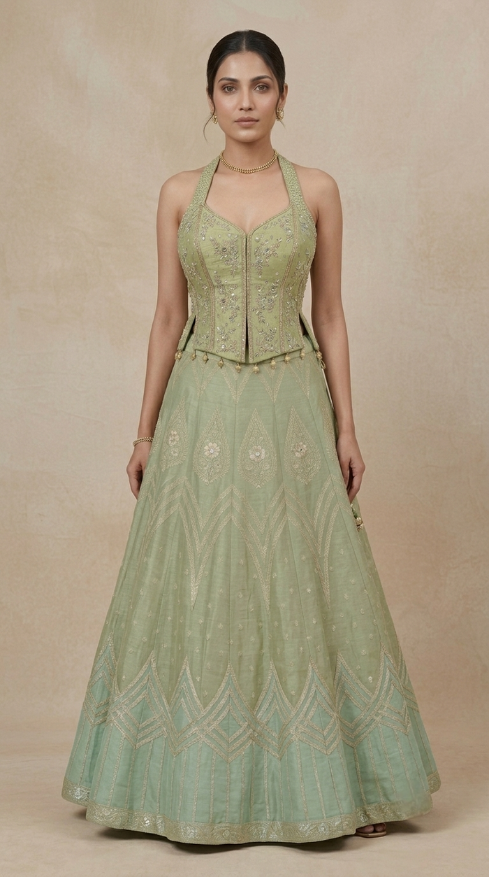 Green tissue silk lehenga choli with mirror embroidery for festive celebrations