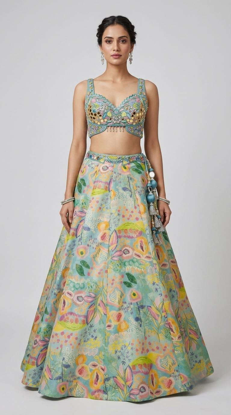 Blue floral tissue silk lehenga with embroidered blouse for sangeet and reception
