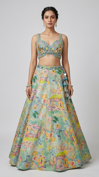 Blue floral tissue silk lehenga with embroidered blouse for sangeet and reception
