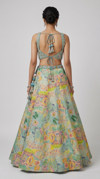Elegant blue floral print tissue silk lehenga choli for wedding and sangeet events