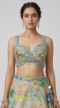 Floral print blue lehenga choli with tissue silk fabric for wedding celebrations